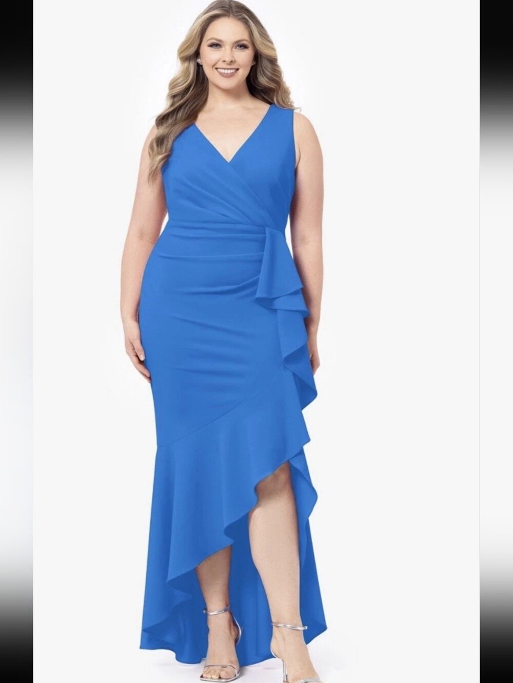 Betsy & Adam 20W Blue Ruffle High Low Maxi Formal Gown NWT $269 Wedding